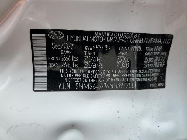 5NMS64AJ6NH397288 - 2022 HYUNDAI SANTA FE SEL WHITE photo 12