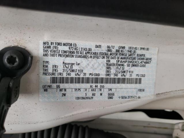 1FAHP3M23CL474867 - 2012 FORD FOCUS SEL WHITE photo 12