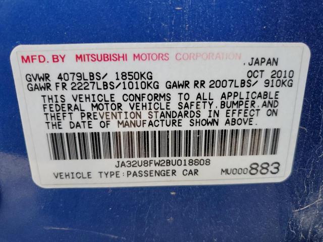 JA32U8FW2BU018808 - 2011 MITSUBISHI LANCER GTS BLUE photo 13