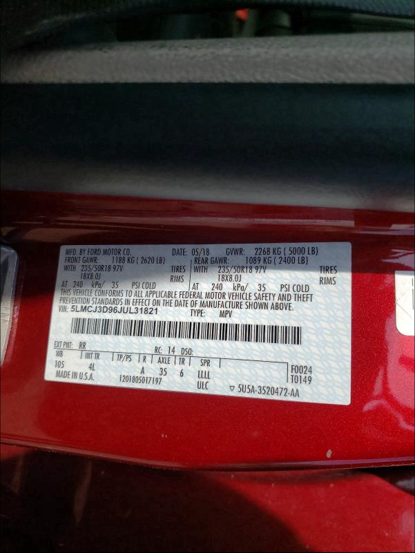 5LMCJ3D96JUL31821 - 2018 LINCOLN MKC RESERVE RED photo 10