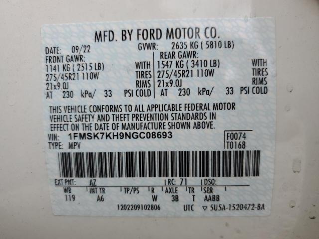 1FMSK7KH9NGC08693 - 2022 FORD EXPLORER ST-LINE WHITE photo 14