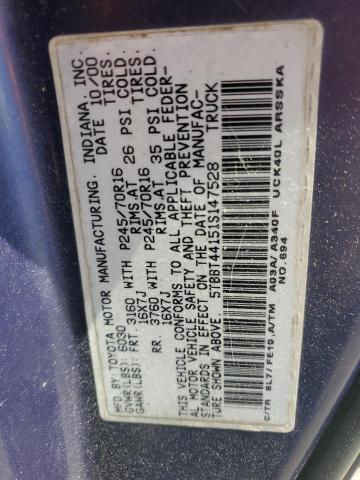 5TBBT44151S147528 - 2001 TOYOTA TUNDRA ACCESS CAB ლურჯი ფოტო 12