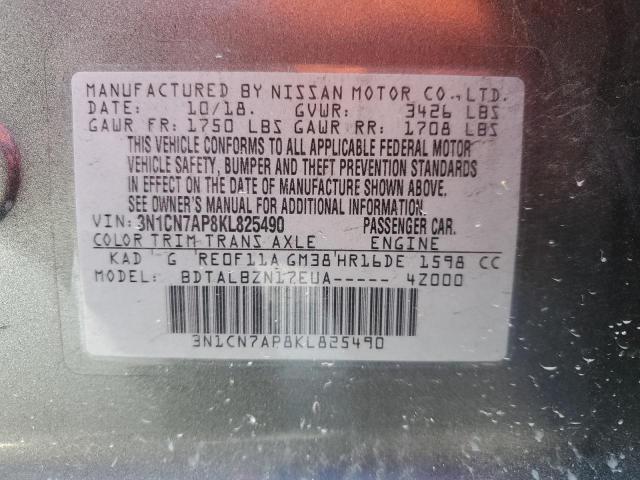 3N1CN7AP8KL825490 - 2019 NISSAN VERSA S GRAY photo 13