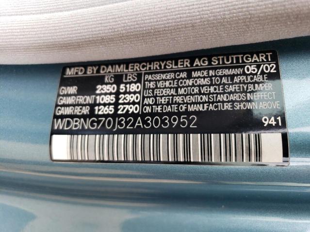 WDBNG70J32A303952 - 2002 MERCEDES-BENZ S 430 TURQUOISE photo 12