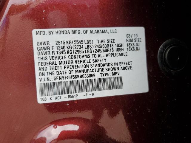 5FNYF5H58KB033069 - 2019 HONDA PILOT EXL BURGUNDY photo 13