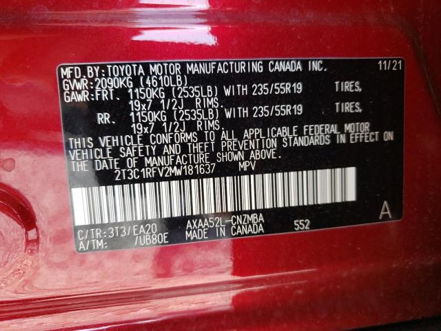 2T3C1RFV2MW181637 - 2021 TOYOTA RAV4 XLE PREMIUM RED photo 10