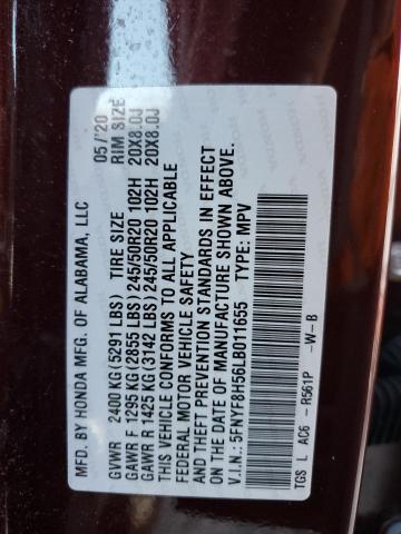 5FNYF8H56LB011655 - 2020 HONDA PASSPORT EXL Bordo foto 14