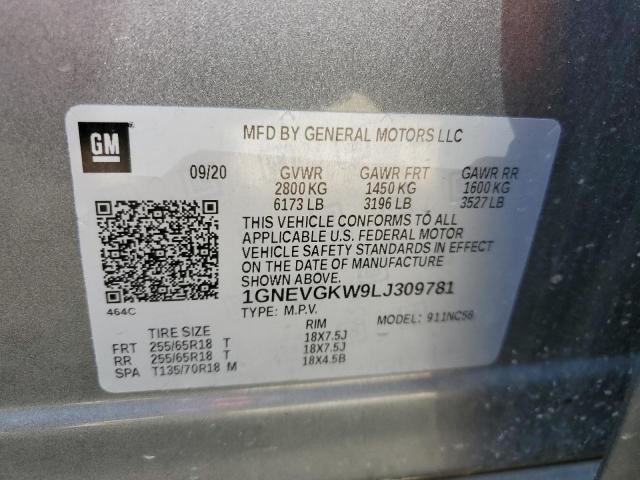 1GNEVGKW9LJ309781 - 2020 CHEVROLET TRAVERSE LT GRAY photo 13