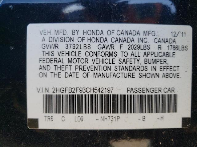 2HGFB2F93CH542197 - 2012 HONDA CIVIC EXL 黑色 照片 13