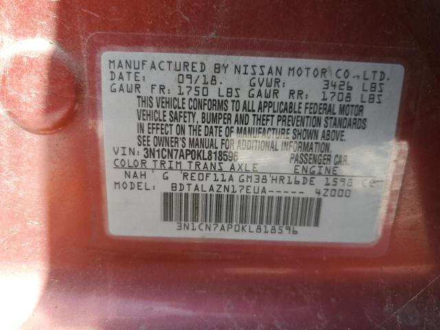 3N1CN7AP0KL818596 - 2019 NISSAN VERSA S RED photo 12