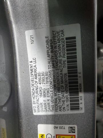 19XFL1H70NE001706 - 2022 HONDA CIVIC EXL SILVER photo 12