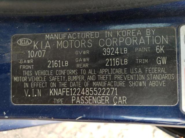 KNAFE122485522271 - 2008 KIA SPECTRA EX BLUE photo 10