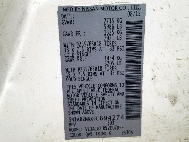 5N1AR2MNXFC694274 - 2015 NISSAN PATHFINDER S  foto 10