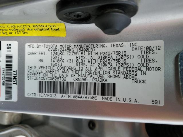 5TFJU4GN7CX028732 - 2012 TOYOTA TACOMA DOUBLE CAB PRERUNNER SILVER photo 12