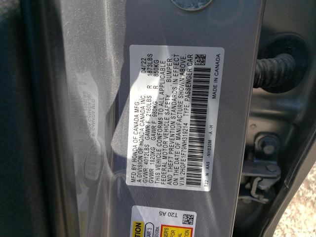 2HGFE1F79NH319214 - 2022 HONDA CIVIC EX SILVER photo 12