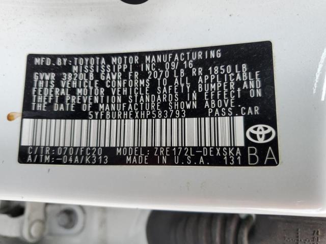 5YFBURHEXHP583793 - 2017 TOYOTA COROLLA L WHITE photo 12