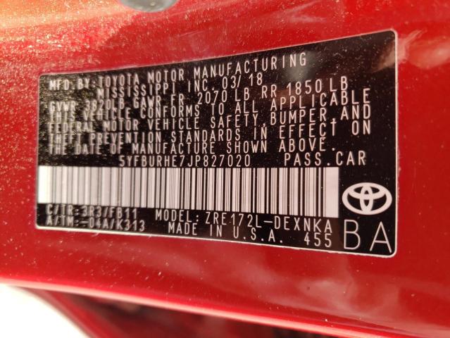 5YFBURHE7JP827020 - 2018 TOYOTA COROLLA L RED photo 13