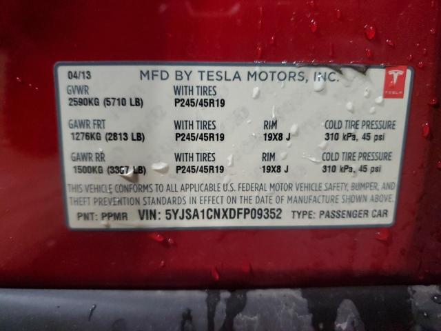 5YJSA1CNXDFP09352 - 2013 TESLA MODEL S RED photo 13