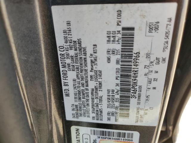 3FA6P0K94HR149966 - 2017 FORD FUSION TITANIUM CHARCOAL photo 12