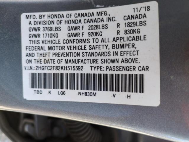 2HGFC2F82KH515592 - 2019 HONDA CIVIC SPORT Gümüş fotoğraf 13