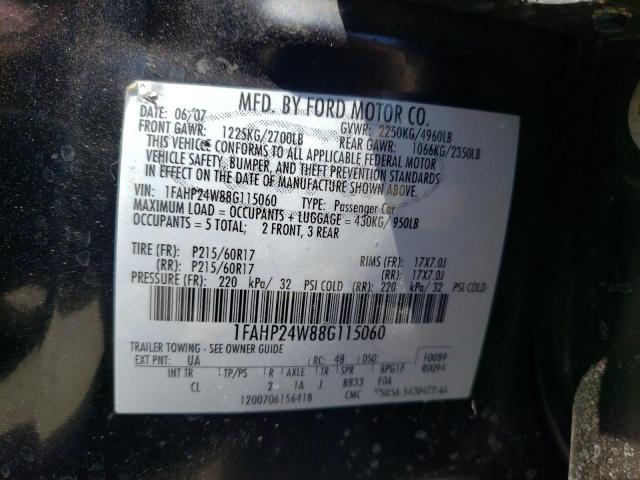 1FAHP24W88G115060 - 2008 FORD TAURUS SEL BLACK photo 12