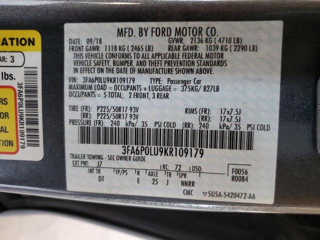 3FA6P0LU9KR109179 - 2019 FORD FUSION SE GRAY photo 12