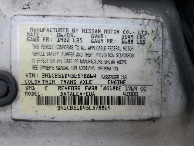 3N1CB51D45L578864 - 2005 NISSAN SENTRA 1.8 WHITE photo 12