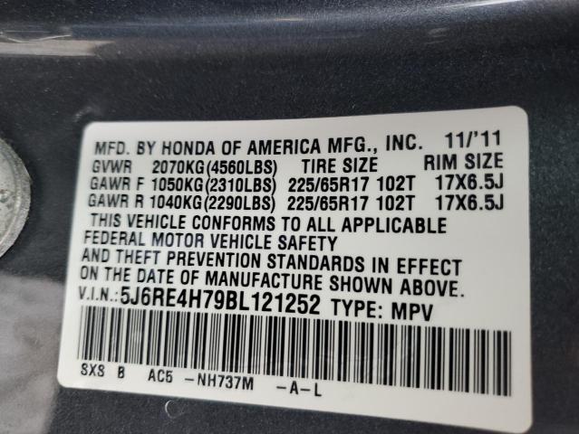 5J6RE4H79BL121252 - 2011 HONDA CR-V EXL GRAY photo 13