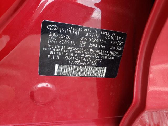 KMHD74LF4LU105637 - 2020 HYUNDAI ELANTRA SE RED photo 12