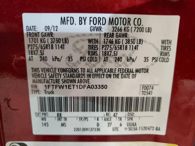 1FTFW1ET1DFA03350 - 2013 FORD F150 SUPERCREW RED photo 12