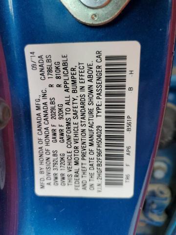 2HGFB2F96FH504029 - 2015 HONDA CIVIC EXL BLUE photo 12