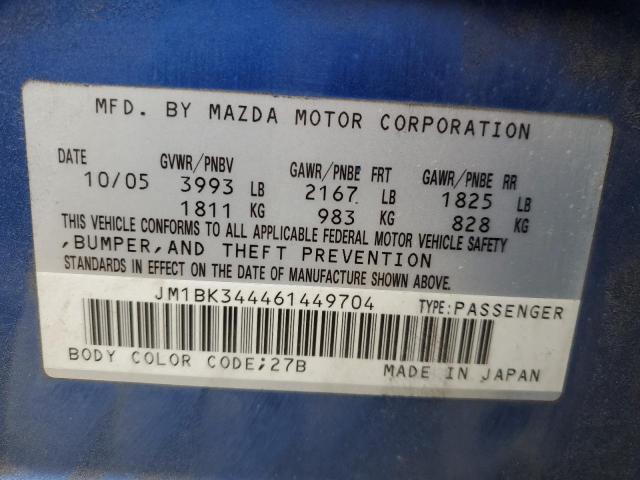 JM1BK344461449704 - 2006 MAZDA 3 HATCHBACK BLUE photo 12