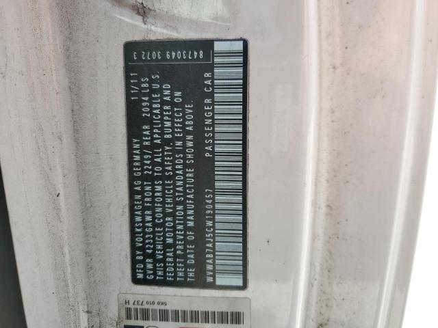 WVWAB7AJ5CW190457 - 2012 VOLKSWAGEN GOLF WHITE photo 13