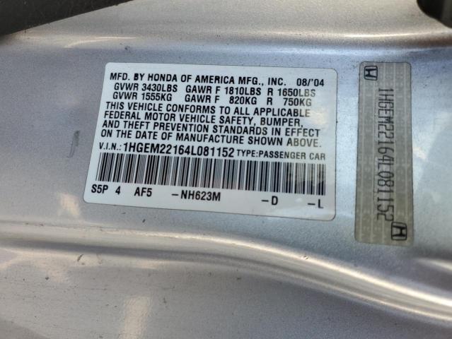 1HGEM22164L081152 - 2004 HONDA CIVIC DX VP SILVER photo 12