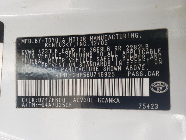 4T1CE38P56U716925 - 2006 TOYOTA CAMRY SOLA SE WHITE photo 10