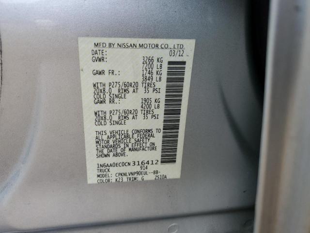 1N6AA0EC0CN316412 - 2012 NISSAN TITAN S SILVER photo 12