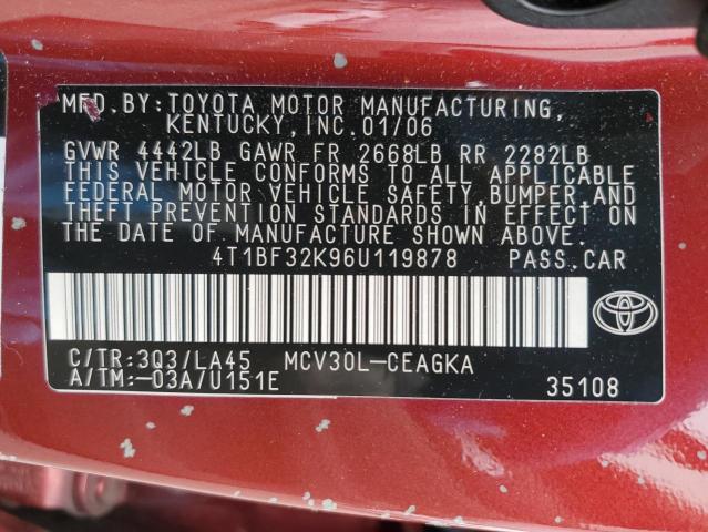 4T1BF32K96U119878 - 2006 TOYOTA CAMRY LE BURGUNDY photo 12