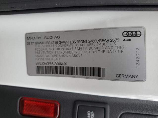 WAUDNCF56JA006420 - 2018 AUDI A5 PREMIUM S LINE WHITE photo 12