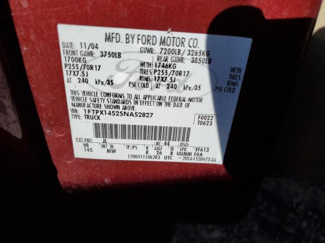 1FTPX14525NA52827 - 2005 FORD F150 RED photo 12