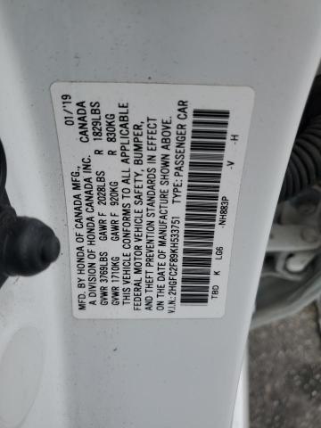 2HGFC2F89KH533751 - 2019 HONDA CIVIC SPORT Beyaz fotoğraf 12
