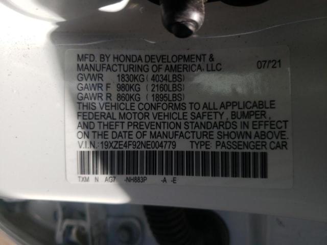 19XZE4F92NE004779 - 2022 HONDA INSIGHT TOURING WHITE photo 10