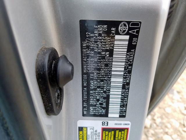 2T1BU4EE4CC906686 - 2012 TOYOTA COROLLA BASE  photo 10