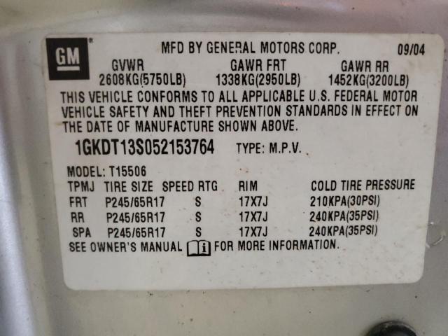 1GKDT13S052153764 - 2005 GMC ENVOY SILVER photo 13