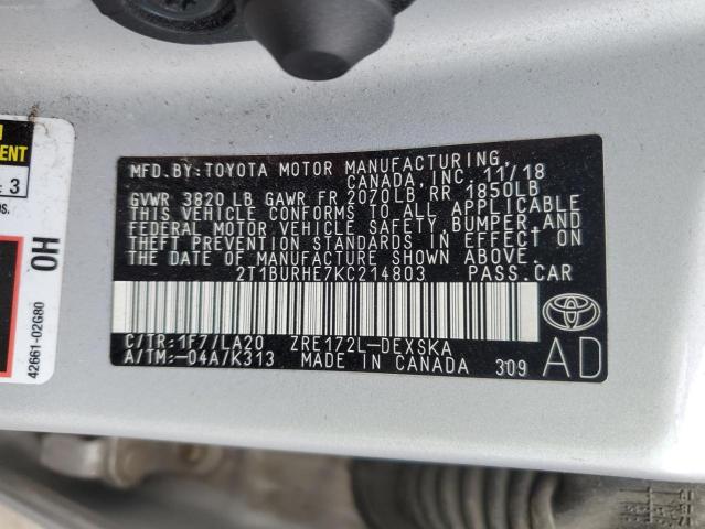 2T1BURHE7KC214803 - 2019 TOYOTA COROLLA L SILVER photo 12