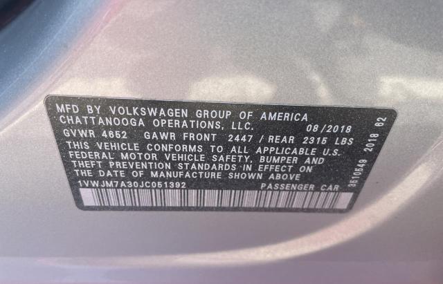 1VWJM7A30JC051392 - 2018 VOLKSWAGEN PASSAT GT SILVER photo 10