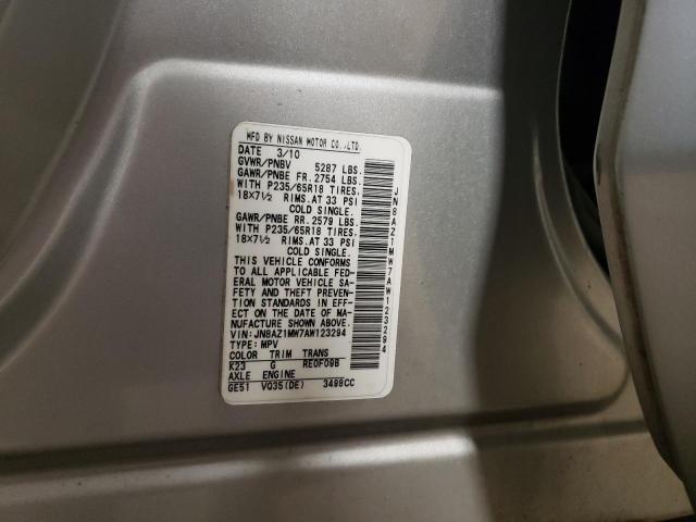 JN8AZ1MW7AW123294 - 2010 NISSAN MURANO S SILVER photo 13