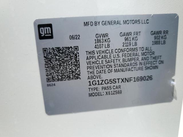 1G1ZG5STXNF169026 - 2022 CHEVROLET MALIBU RS 白色 照片 12