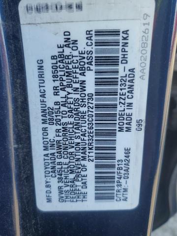 2T1KR32E63C072730 - 2003 TOYOTA COROLLA MA XR BLUE photo 12