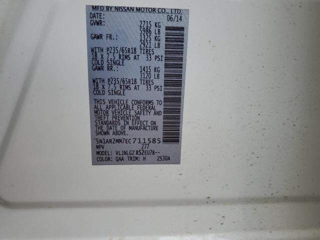 5N1AR2MM7EC711585 - 2014 NISSAN PATHFINDER S WHITE photo 13