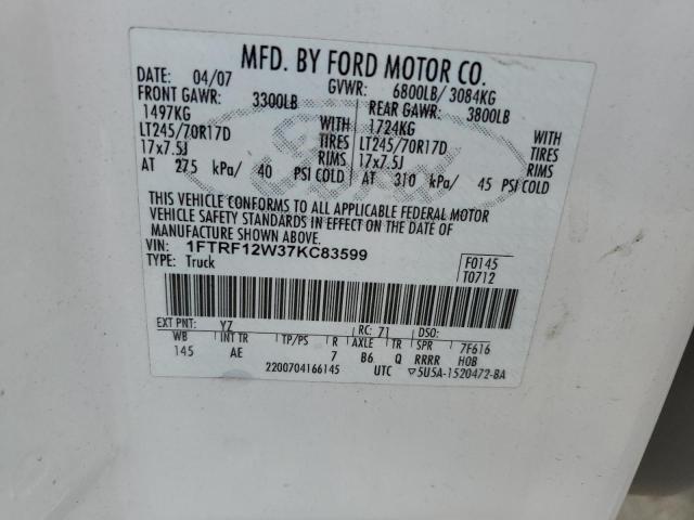 1FTRF12W37KC83599 - 2007 FORD F-150 WHITE photo 12